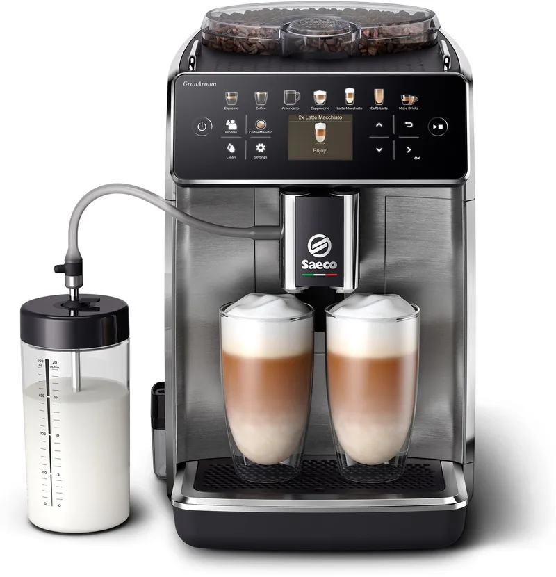 GranAroma SM6585/00 - Espressomachine - 16 Dranken met melksysteem - Volautomatisch - Koffiemachine met bonen + AquaClean filter - Metaal/Zwart van Saeco in Metallic – productfoto