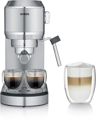 KA 5997 Espressomachine ‘Newspresa’, ca. 1350 W, Hoogwaardig RVS portafilter in sterk design met krachtige Italiaanse 19 bar ULKA pomp voor een perfecte crema en ideale aromaontwikkeling van Severin in Zilver – productfoto 1 van 3
