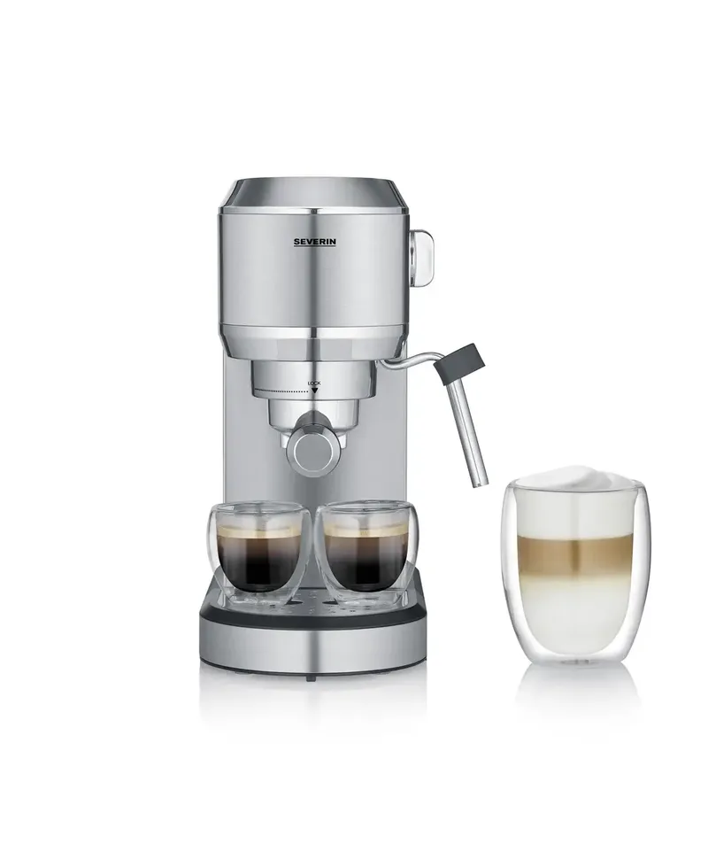 KA 5997 Espressomachine ‘Newspresa’, ca. 1350 W, Hoogwaardig RVS portafilter in sterk design met krachtige Italiaanse 19 bar ULKA pomp voor een perfecte crema en ideale aromaontwikkeling van Severin in Zilver – productfoto 2 van 3