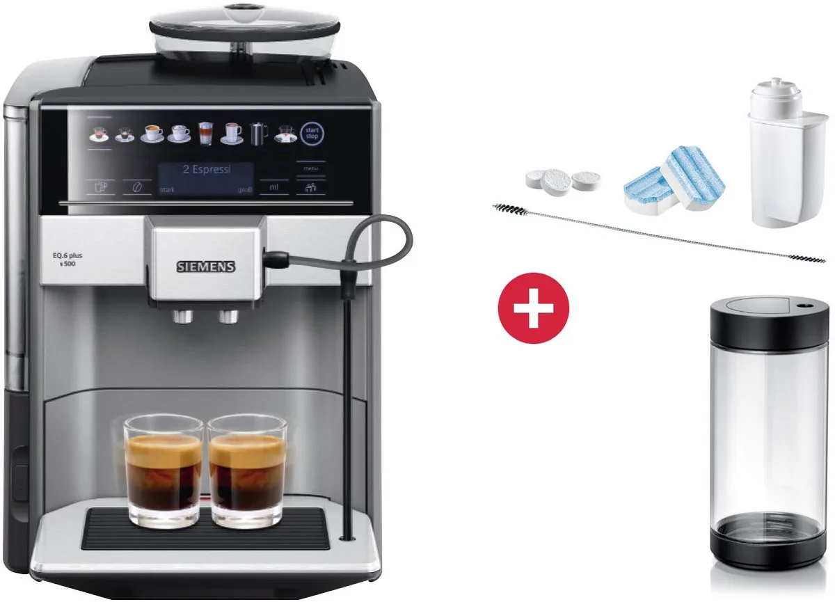 TE655503DE EQ6 plus s500 Kaffee-Vollautomat + Dein Geschenk: TZ80004 Pflegeset & Milchcontainer, Latte Macchiato/Cappuccino/Milchkaffee von Siemens – Produktfoto