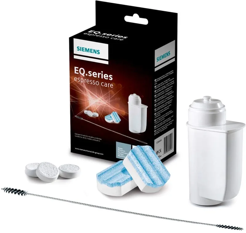 TZ80004 - Onderhoudsset voor koffiemachines - Reinigingstabletten - Waterfilter - Ontkalkingstabletten van Siemens in Zwart – productfoto