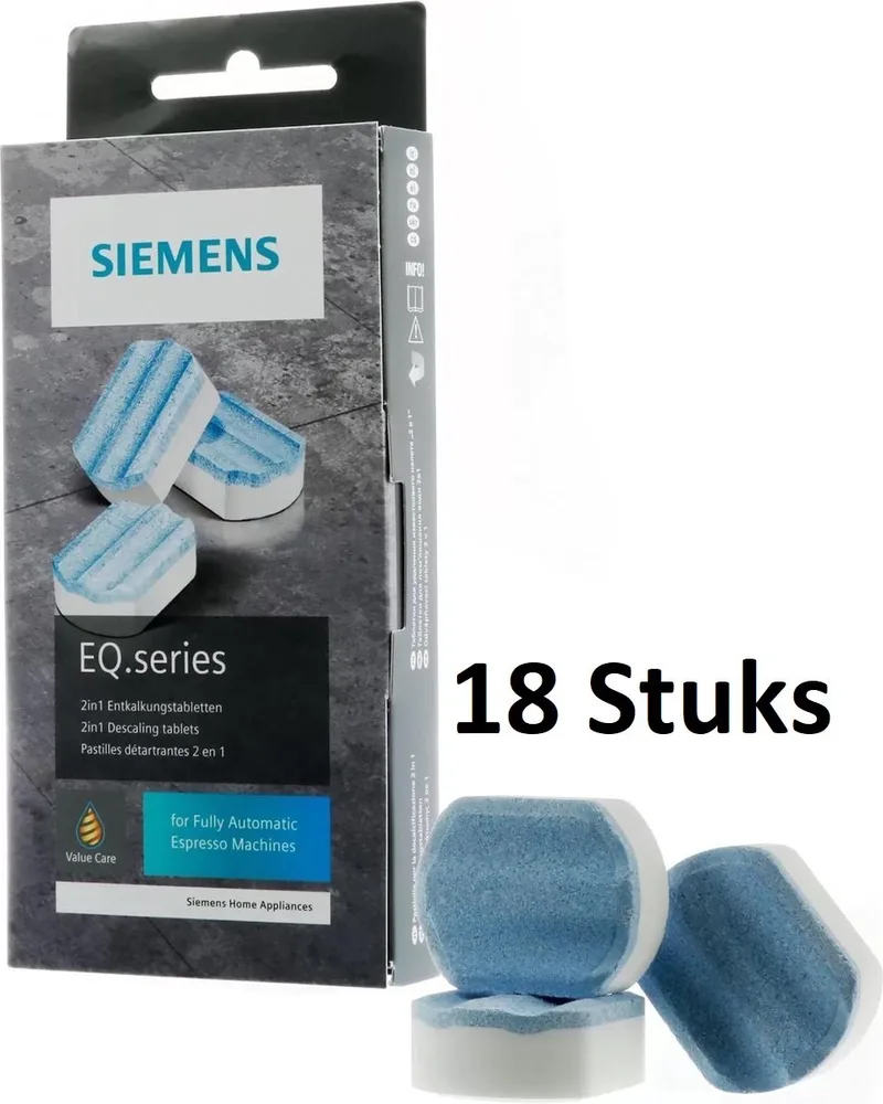 TZ80032A Multipack ontkalkingstabletten voor volautomatische koffiemachines - 18 stuks van Siemens in Zwarte verpakking – productfoto