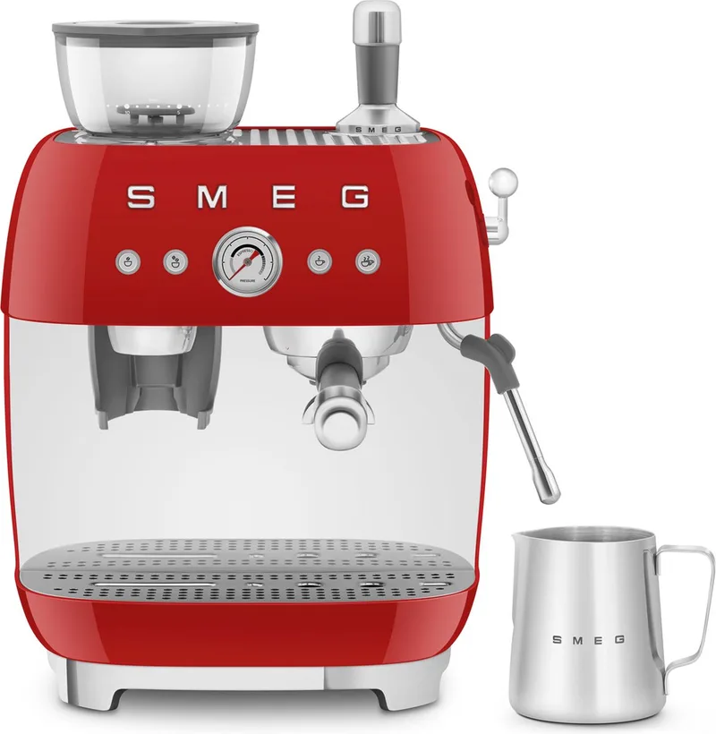 EGF03RDEU Espressomachine met Geïntegreerde Bonenmaler - Pistonmachine - Dubbel Thermoblock - 58 mm Filterdrager - Professionele Stoompijp - '50s Style de Smeg en Rouge – photo produit