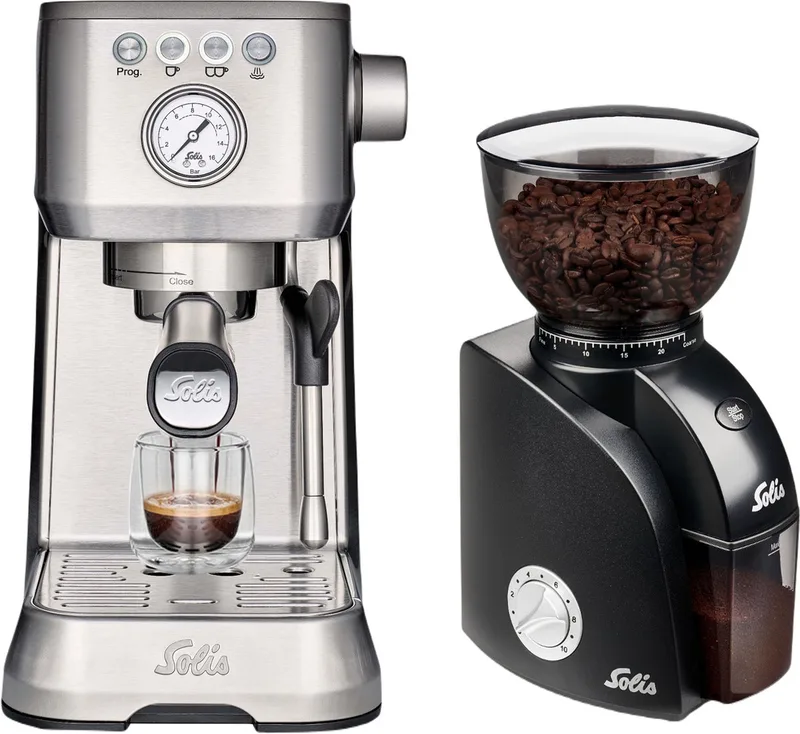 Barista Perfetta Plus 1170 en Scala Zero Static 1662 - Pistonmachine en Koffiemolen - Espressomachine - Koffiemachine met Bonen - Zilver van Solis in Zilver – productfoto