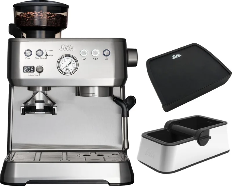 Grind & Infuse Perfetta 1019 - Pistonmachine - Espressomachine met Koffiemolen - Inclusief Coffee Knock Box en Tamping Mat - Zilver von Solis in Silber – Produktfoto