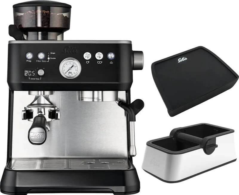 Grind & Infuse Perfetta 1019 - Pistonmachine - Espressomachine met Koffiemolen - Inclusief Coffee Knock Box en Tamping Mat - Zilver von Solis in Schwarz – Produktfoto