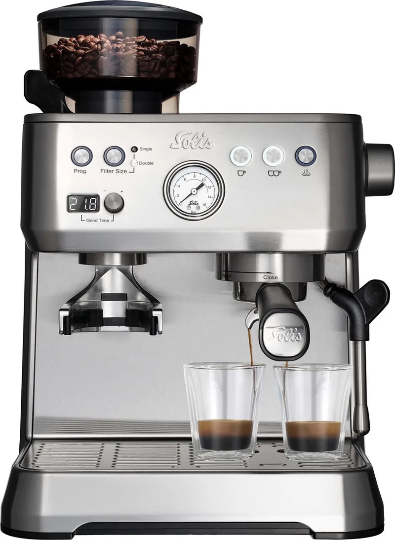 Grind & Infuse Perfetta 1019 Pistonmachine met Bonenmaler - Met Stoom- & Heetwaterfunctie - Voorbrouwfunctie - Gebruiksklaar in 45 Seconden - Energiebesparend van Solis in Zilver – productfoto