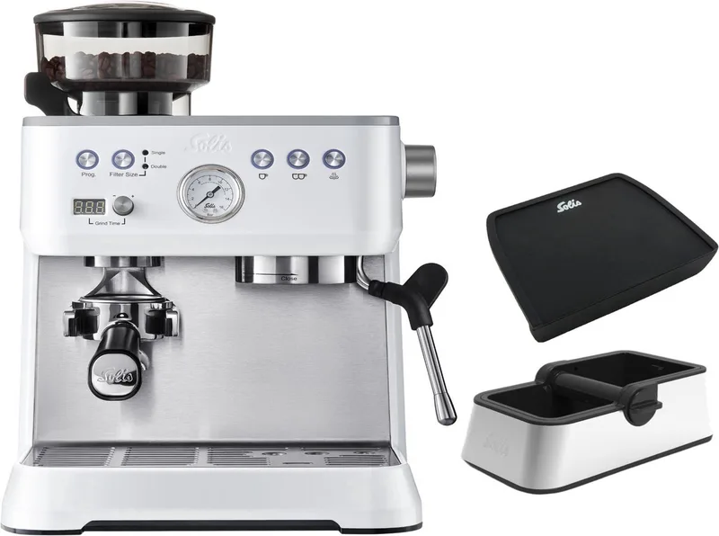 Grind & Infuse Perfetta Pistonmachine Bundel - Espressomachine inclusief Uitklopbak en Tampingmat - Wit van Solis in Wit, Bundel – productfoto