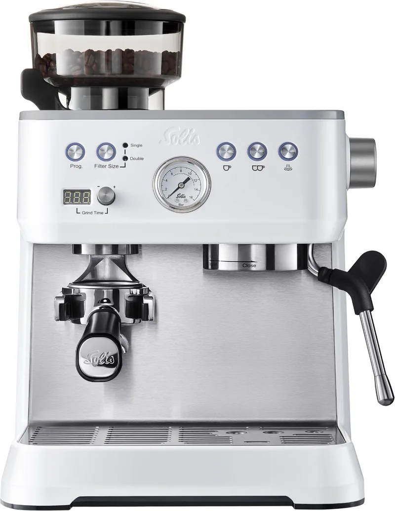 Grind & Infuse Perfetta Pistonmachine - Espressomachine met Maler - RVS Koffiemachine met Ingebouwde Bonenmaler van Solis in Wit – productfoto