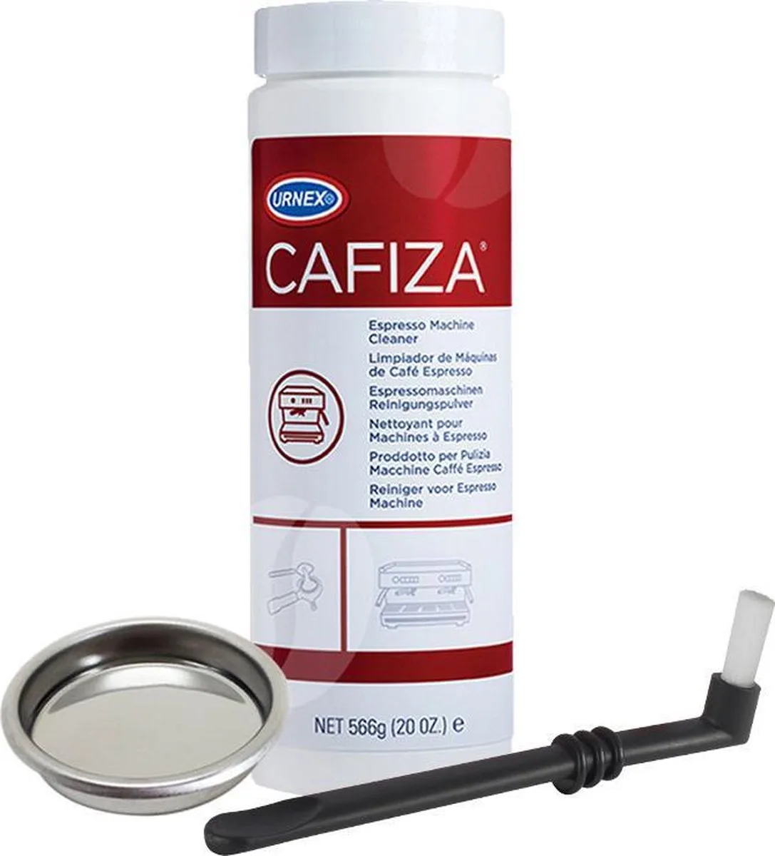 Espressomachine Reinigingsset | Onderhoud en Backflush pakket | Inclusief Cafiza reinigingspoeder + Joe Frex zetgroep borstel + E-61 Blindfilter van Urnex – productfoto